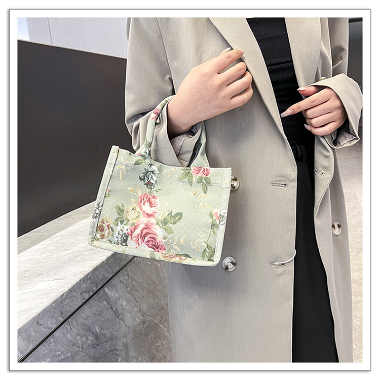 105g Weight Sewing Thread Fashion Element Magnetic Buckle Closure Type Double Handle Strap Type Handbag Bags Type Holiday, Daily Occasion Canvas Material Women's Backpack Backpack Flower Pattern All Seasons Season Women's Gender Elegant Style Square Shape Women's Canvas Flower Elegant Sewing Thread Square Magnetic Buckle Handbag 9