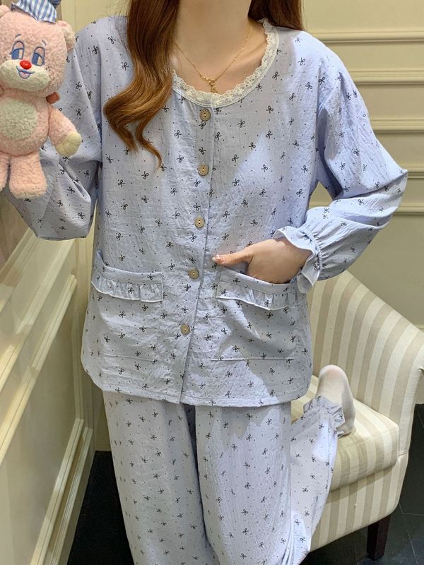 带胸垫睡衣女春秋季韩系甜美格子花边云朵棉长袖家居服套装可外穿|undefined