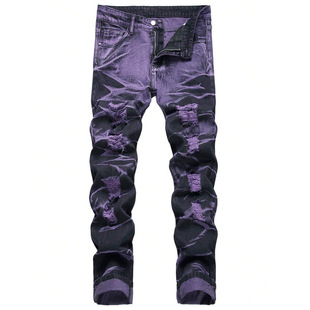 D 12071 Purple black distressed denim pants �Ϻڳ����ƶ�ţ��