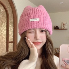 秋冬の女性用猫耳ウール帽子、新しいスタイルのパイル帽子、顔が見える小さな帽子、韓国風の男性用多用途無地ニット帽