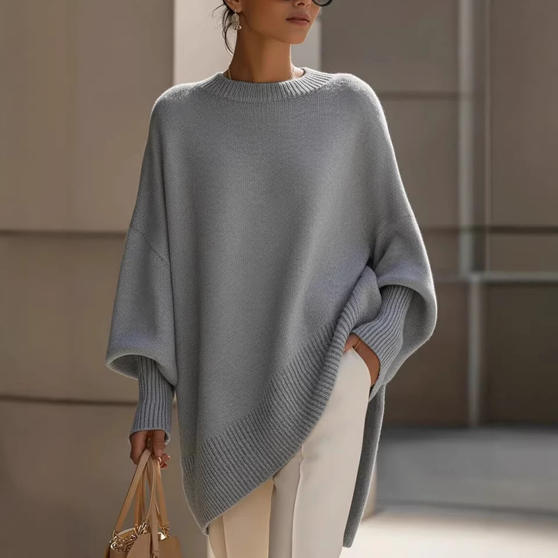 Amazon Cross-Border Autumn and Winter Women's New Foreign Trade Loose Plus-Size Dress Round Neck Solid Color Knit Sweater for Women