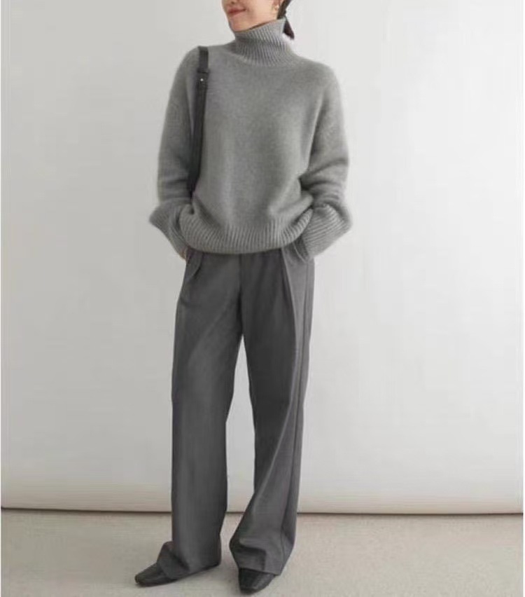 Oversize-Pullover mit hohem Kragen – Minimalistischer Rippenstrickpullover (weiche Polyestermischung, entspannte Passform, einfarbiges Kamel/Beige/Braun/Grau, unverzichtbar für die Arbeit und das Wochenende)_voghion.com