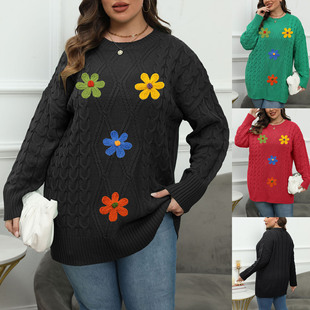 Women's Pullover Top Cross-Border European and American Plus Size Women's Round Neck Woven Three-Dimensional Embroidered Flower Splicing Bottoming Sweater