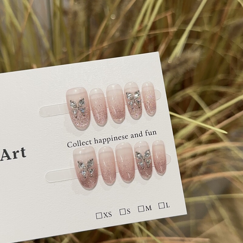 Handmade High-End Pink Cat-Eye Short Manicure Patches with White Zircon and Diamond Butterfly Fake Nail Patches Handmade High-End Pink Cat-Eye Short Manicure Patches with White Zircon and Diamond Butterfly Fake Nail Patches