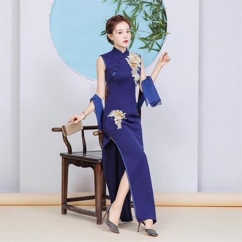 Chinese Dresses purple blue retro qipao flowers for women girls Long performance catwalk cheongsam Chinese style modified vintage elegant long cheongsam