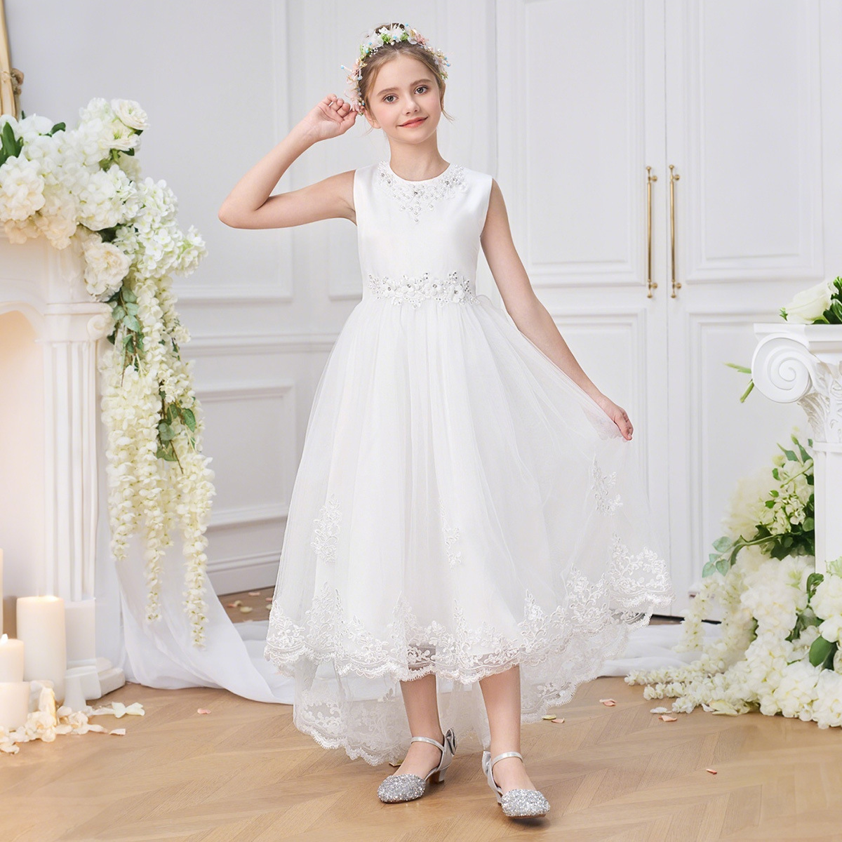 Robe de princesse pour enfants Robe de mariée à queue d'aronde Robe pour enfants longue robe de spectacle pour enfants moyenne et longue robe de spectacle pour enfants à la dentelle à queue moelleuse