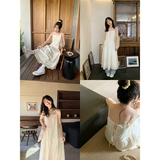 度假风蝴蝶结重工蕾丝吊带裙女夏季新款宽松长款连衣裙