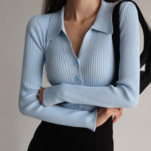 翻领修身显瘦外套坑条系扣性感V领长袖POLO领针织开衫毛衣女批发