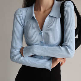 翻领修身显瘦外套坑条系扣性感V领长袖POLO领针织开衫毛衣女批发