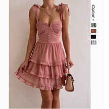 2025年欧美外贸跨境ins风夏季款 甜美性感纯色雪纺连衣裙22171