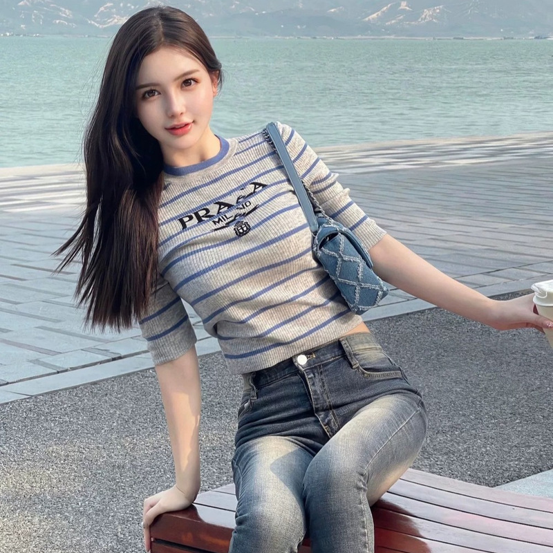 High-End P-Brand Nanyou Women's Early Autumn Luxury Woolen Tweed-Style Slim-Fit Knit Top Short Version