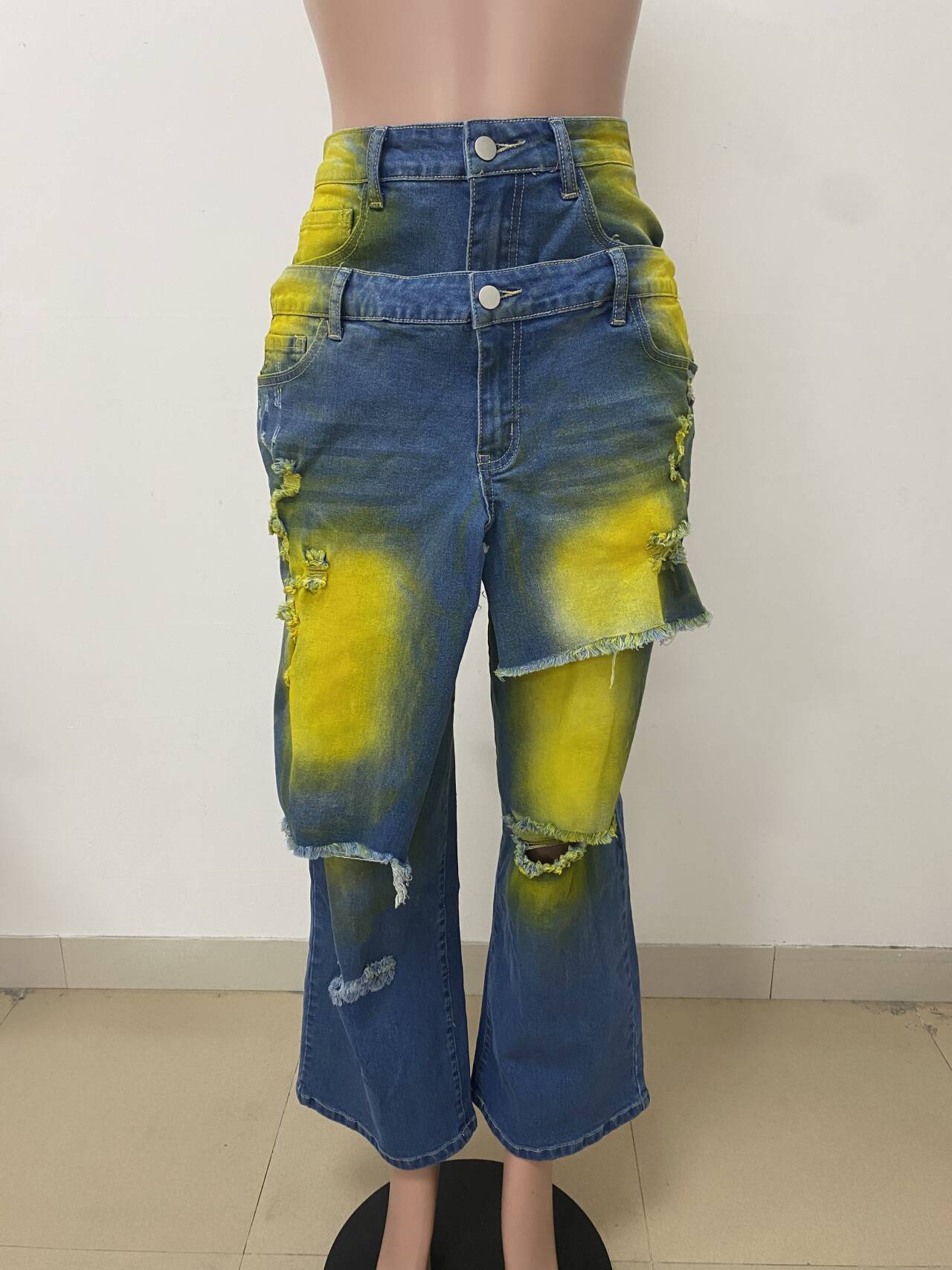 YL2568 Autumn/Winter European And American Women's Fashion Washed Ripped Spray-Dyed Loose Stretch Denim Patchwork_ecoleips.com