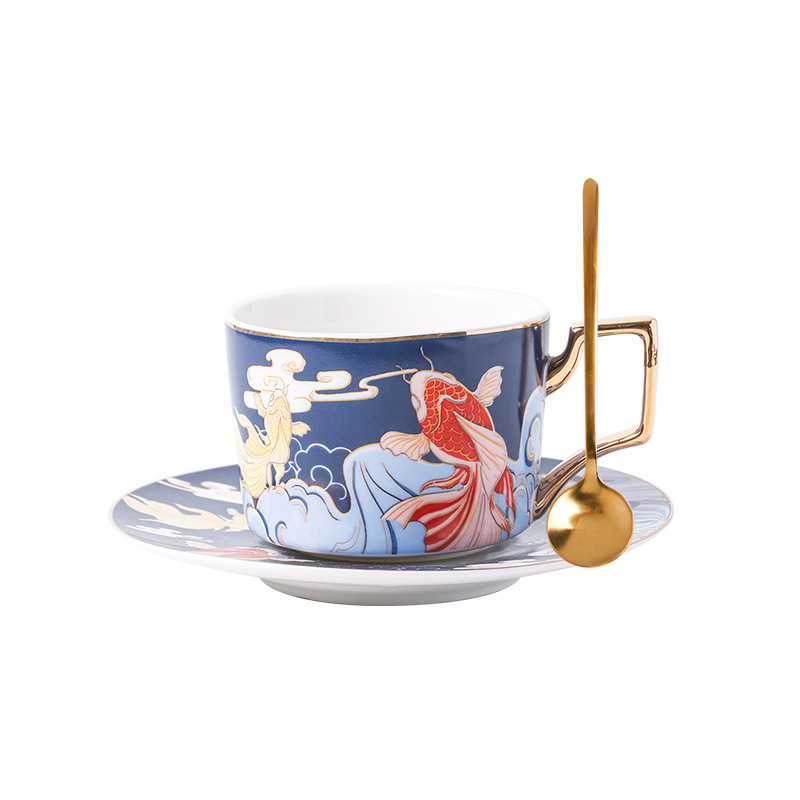 Azul-carpa taza y platillo cuchara