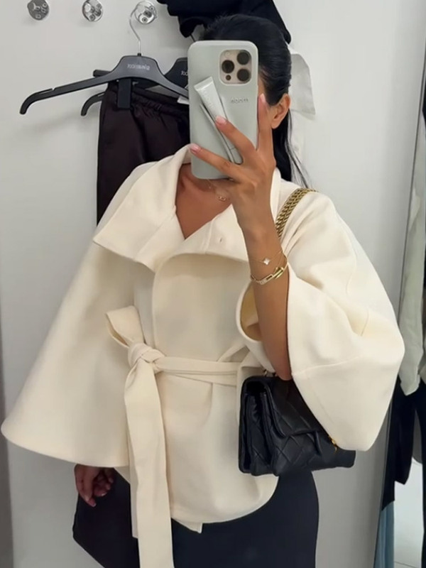 设计感立领收腰显瘦系带纯色呢子外套女2025跨境欧美风新款批发|undefined