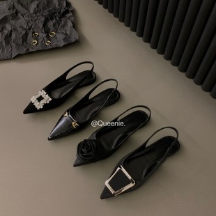 French Flats Black Toe-Toe Sandals Fairy Shoes 2025 New Spring and Summer Pointed Toe Rhinestone Elegant Shoes
