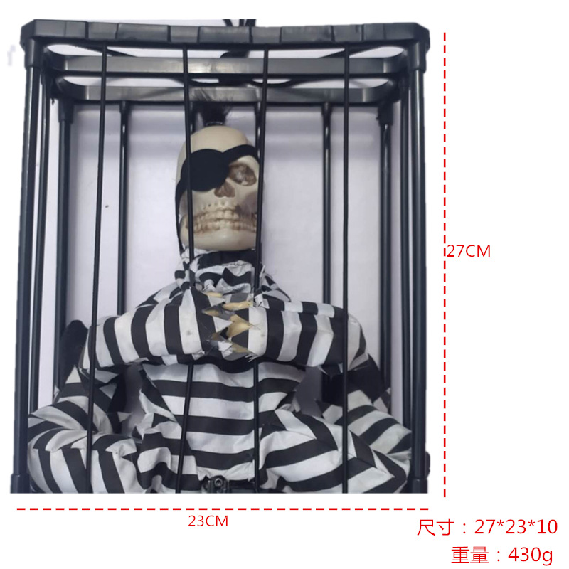 Fantasma colgante de prisionero muerto en jaula - Juguete de truco para casa embrujada de Halloween, luminoso y con sonido, accesorio de terror