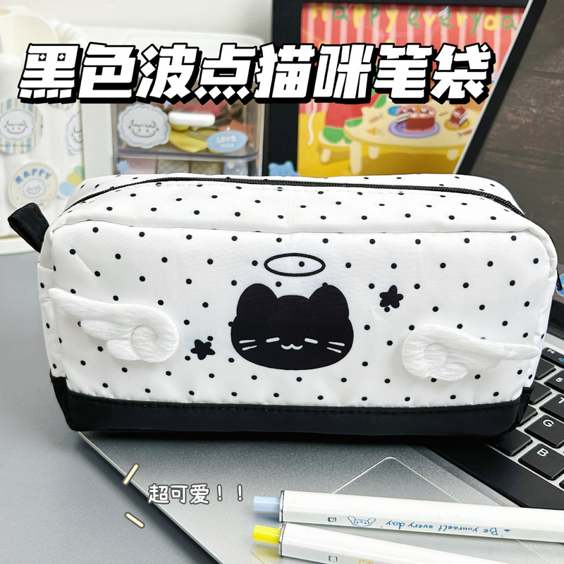 黑色波点天使恶魔猫咪笔袋ins高颜值容量学生文具收纳袋铅笔盒|undefined