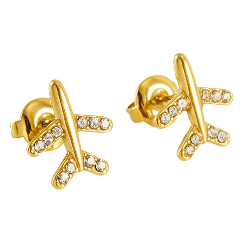 Pendientes de perlas elegantes simples de acero inoxidable 18K para mujeres pendientes de aviones tridimensionales de diamante de acero de titanio de moda de estilo europeo y americano