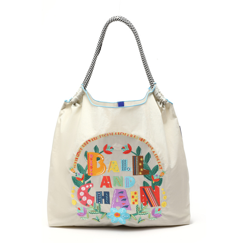 Bolsa de compras ecológica de cadena de bolas casera japonesa, bolsa de lona portátil bordada de tela de nailon, bolsa de compras de nailon