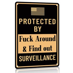 Humorous tin painting PROTECTED BY Fuck Around & Find Out SURVEILLANCE