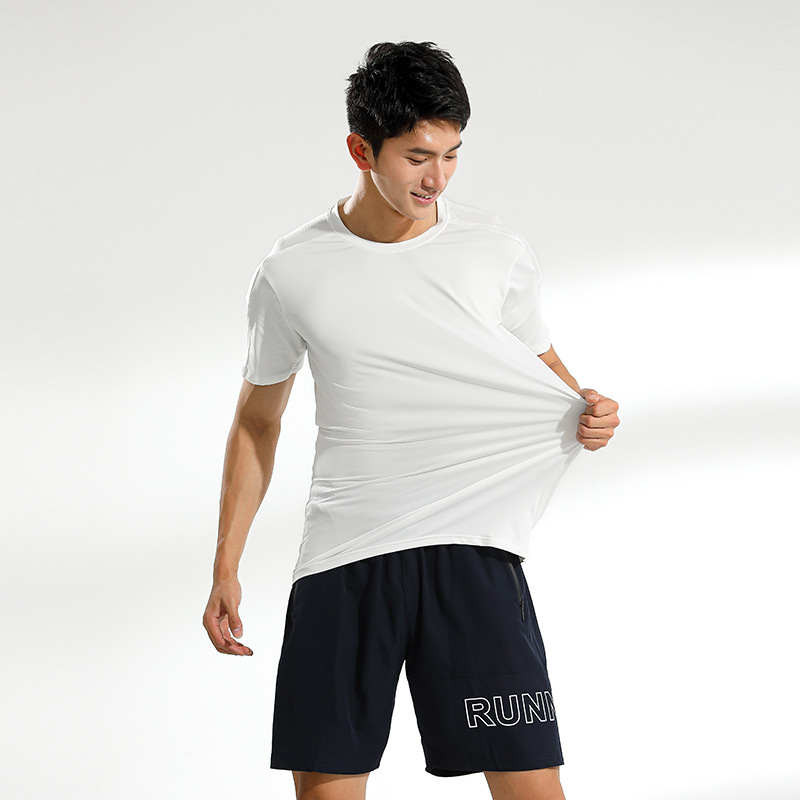 Verano de los hombres deportes casual correr cuello redondo de secado rápido de manga corta fitness de alta elástico de seda de hielo transpirable camiseta nuevos productos impresos registro