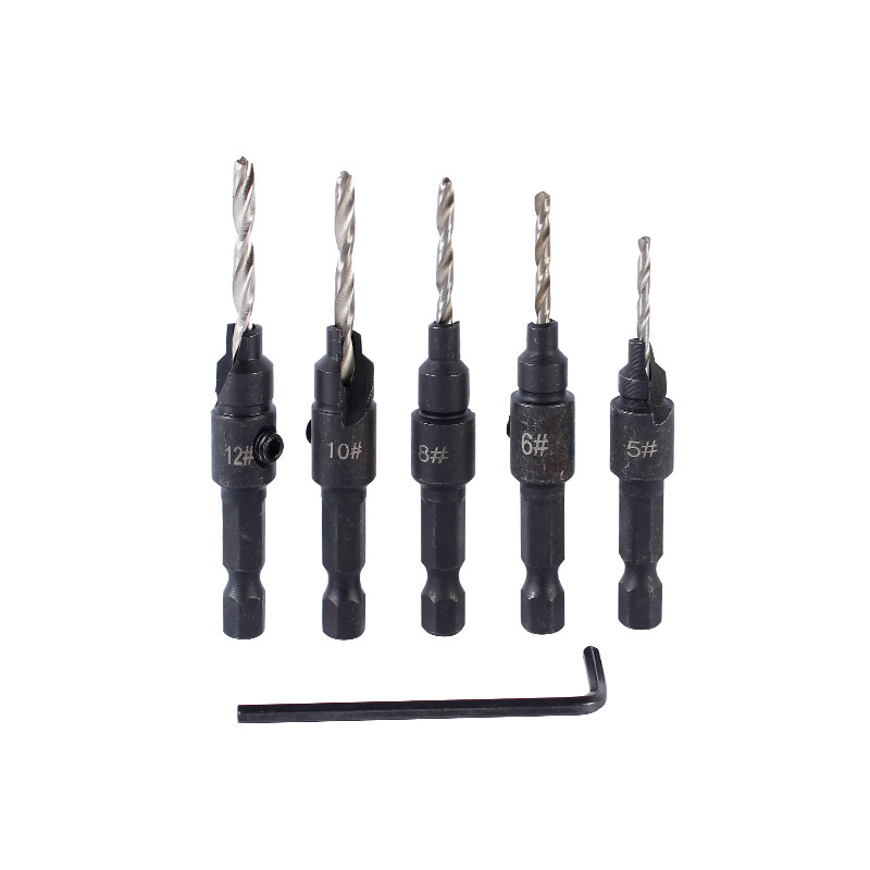 厂家直销5pc1/4六角柄锥孔沉孔钻头螺丝扩孔导向钻倒角器合金头