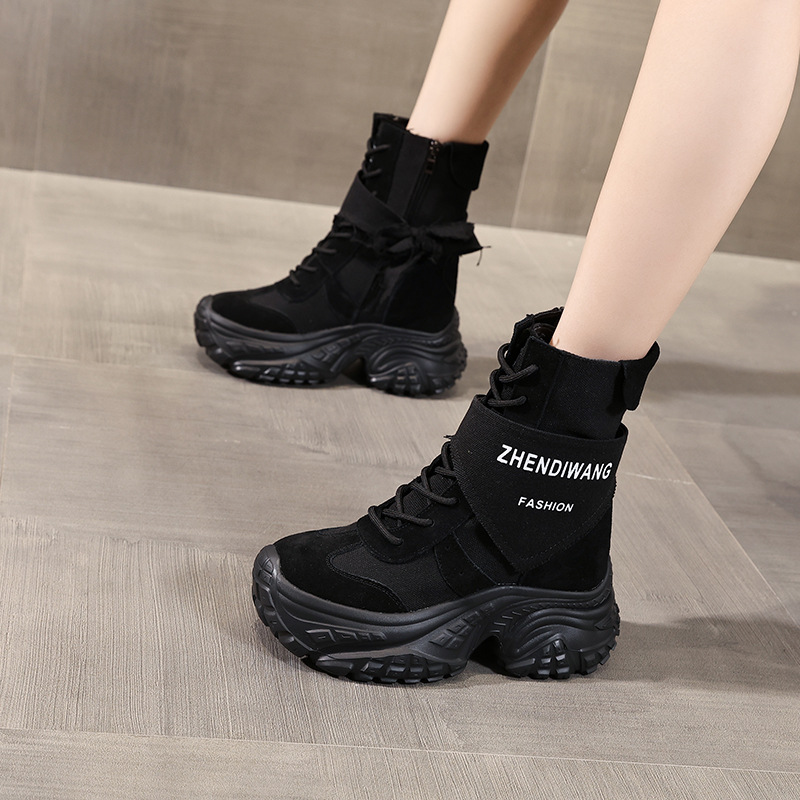Giày boot nữ cổ ngắn đế xuồng da thật phong cách martin thon gọn — màu đen