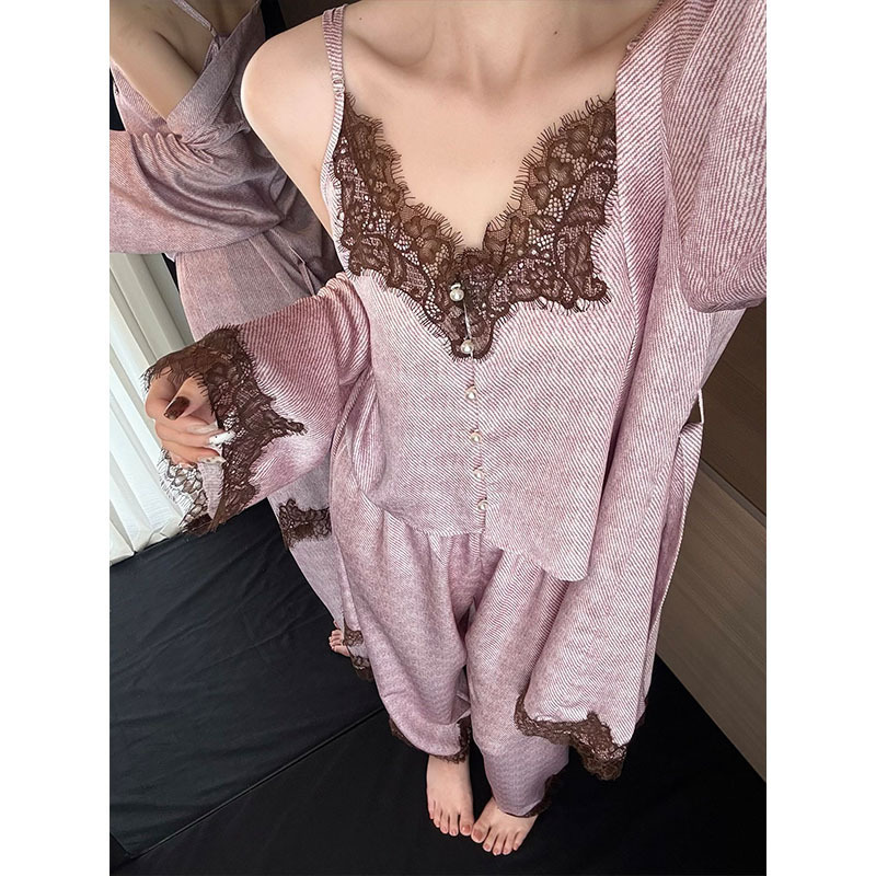 Elegant and Luxurious Dusty Rose Lace Patchwork Pajamas for Women, Summer Ice Silk Skin-Friendly Homewear Three-Piece Set, Can Be Worn Outside Elegant and Luxurious Dusty Rose Lace Patchwork Pajamas for Women, Summer Ice Silk Skin-Friendly Homewear Three-Piece Set, Can Be Worn Outside