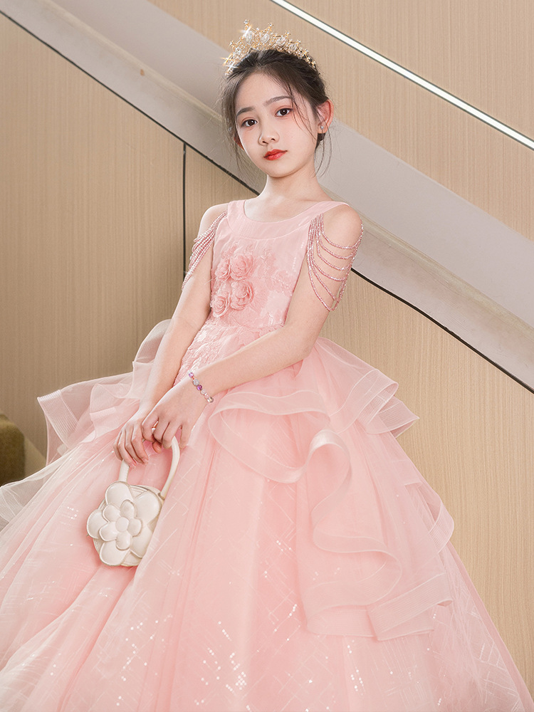 Vestido de niña, temperamento de alta gama, pasarela, interpretación de piano, actuación del día del niño, hilo esponjoso nuevo 2025