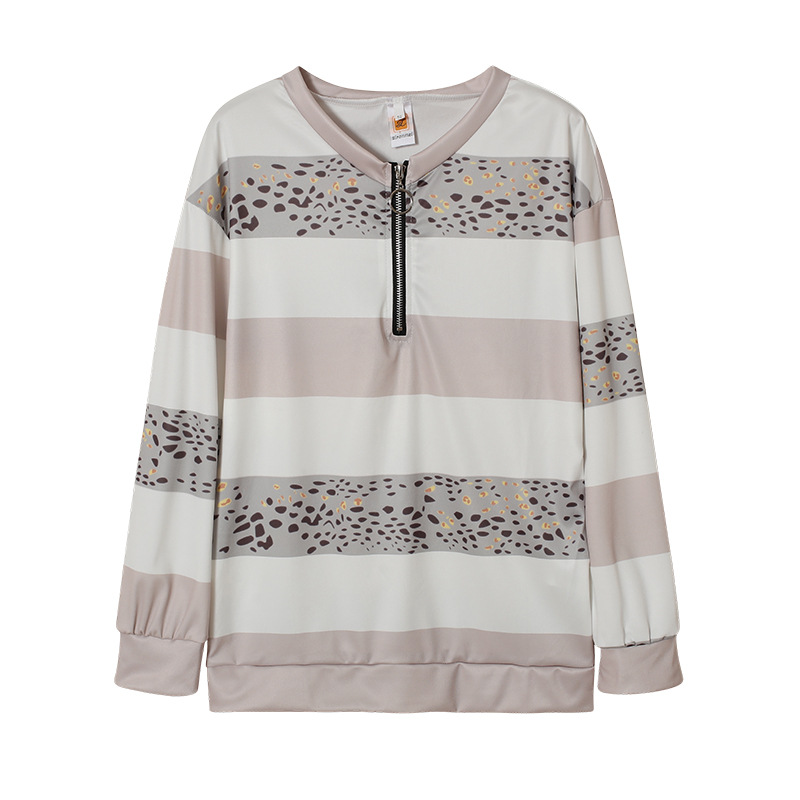 9706#2021 Autumn Winter V-neck College Style Casual Striped Print Pullover Loose Zipper Sweatshirt_voghion.com