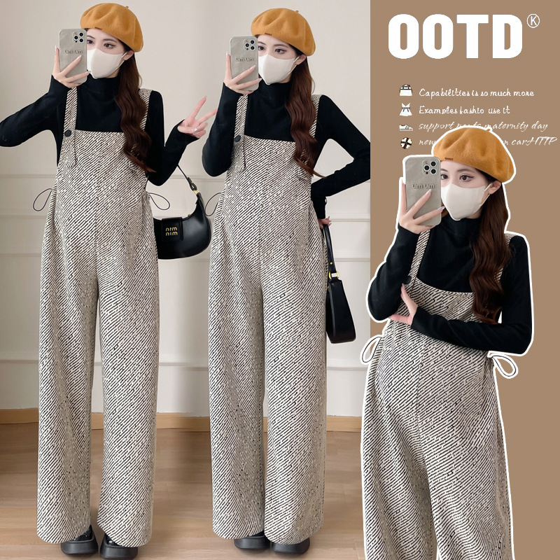 Original Real Shot 2024 Winter Striped Loose Slimming Versatile Maternity Knit Top + Suspender Pants Reversible