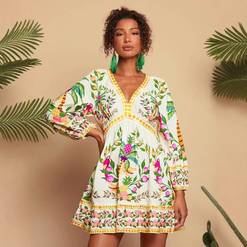 Bohemian Women's Small V Neck Printed Three-Quarter Sleeve Mini Dress Cross-Border European and American Export 2025 New Style