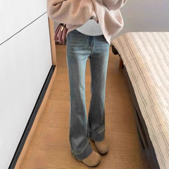 9129# New Pregnant Women's Denim Pants Autumn High-Elastic Bell Bottoms Wearable Versatile Simple Retro Blue Long Pants