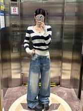 韩系慵懒撞色条纹V领毛衣女春夏2025新款软糯内搭打底针织衫上衣
