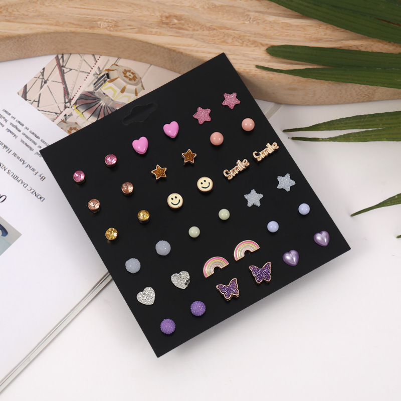 Cute Pentagram Rainbow Smiley Face Alloy Resin Plating Inlay Rhinestones Ear Studs 1 Set