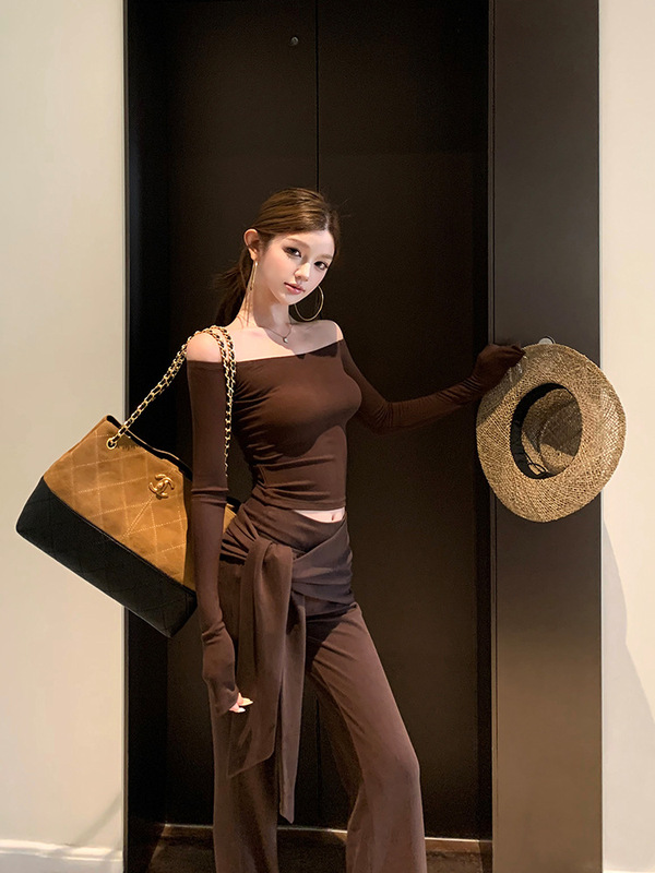 女士衣服套装高级感气质辣妹一字肩长袖上衣秋季系带微喇休闲长裤|undefined