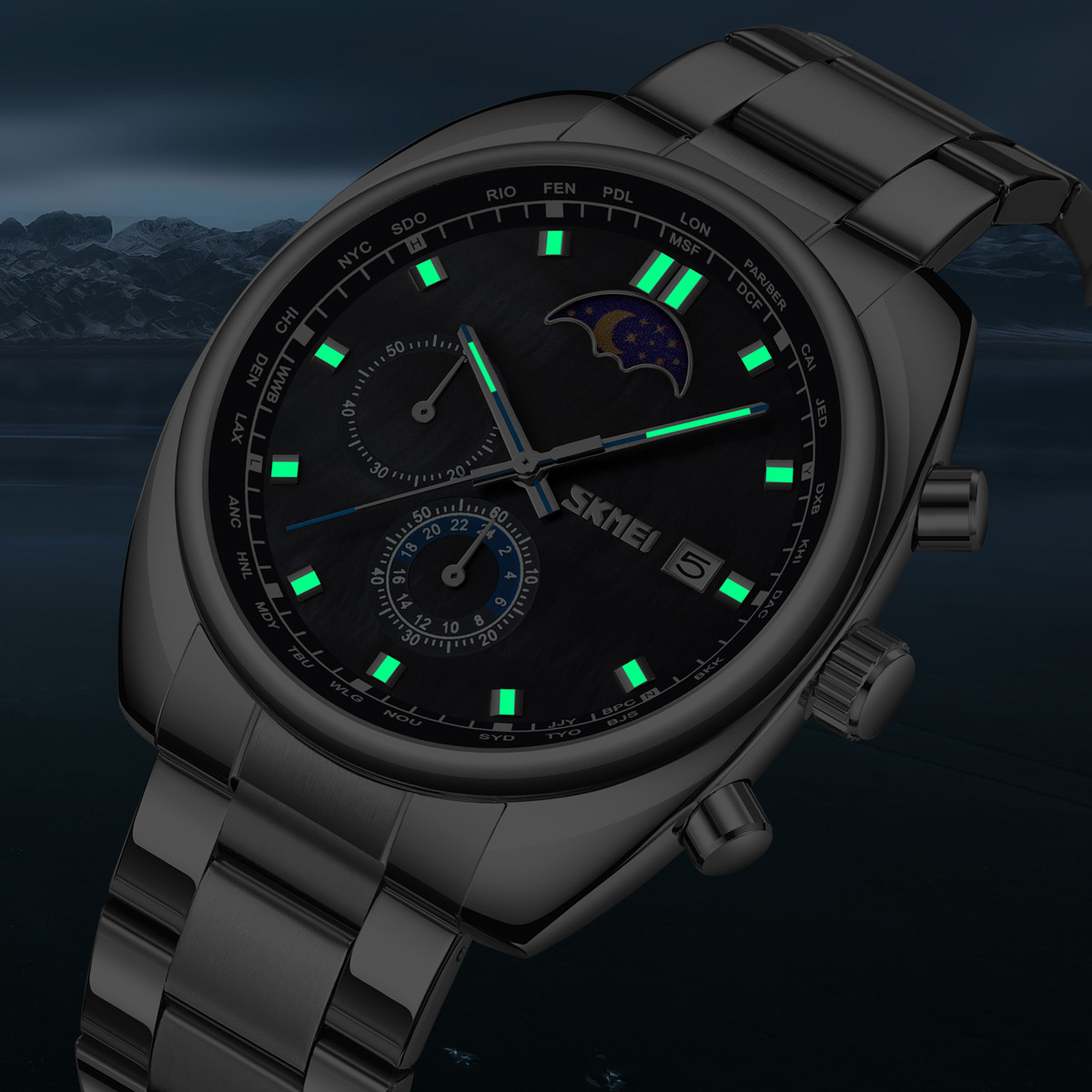 Momento transfronterizo multifuncional reloj de hombre nocturna impermeable reloj de cuarzo fase lunar fuente de fábrica mayorista