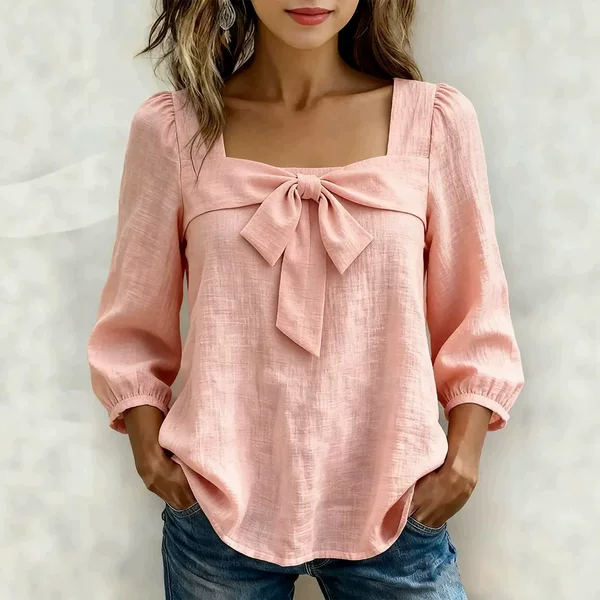 2026 New Foreign Trade European and American Cross-Border Women's Casual Bow-Knot Square-Neck Pullover Blouse