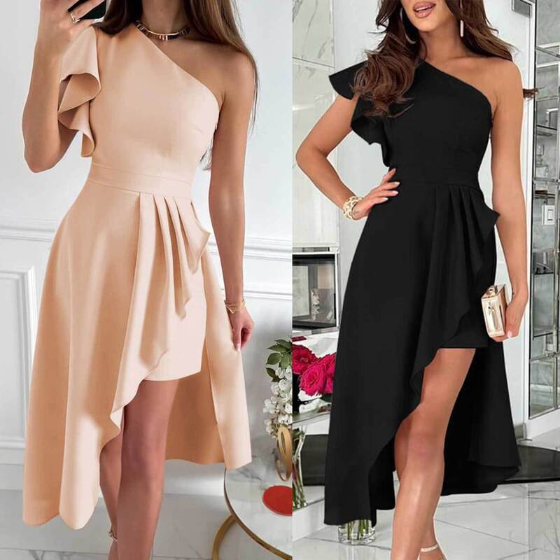 2026 New Cross-Border Amazon One-Shoulder Pleated Wedding Bridesmaid Mid-Length Prom Party Evening Dress