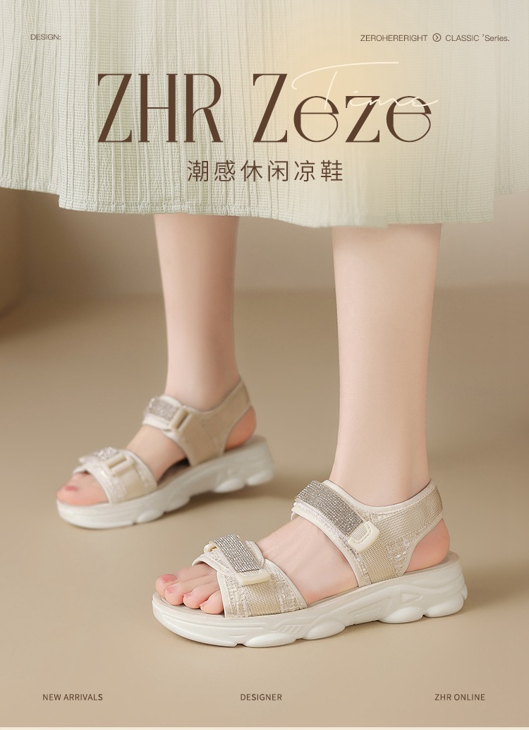 Sandal nữ đế dày quai dán đính đá phong cách thể thao — ES58 Màu be chi tiết 1