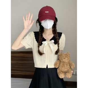 Sweet and Versatile Bow Contrast Color Doll Collar Cardigan Knitted Short Top