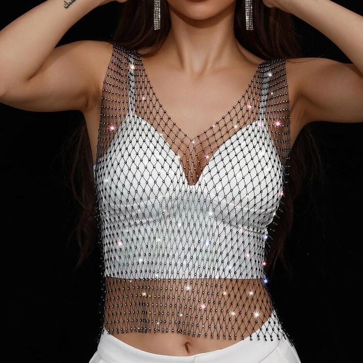 Amazon European and American cross-border rhinestone mesh rhinestone fishing net top sexy sweet style vest mesh crystal T-shirt Amazon European and American cross-border rhinestone mesh rhinestone fishing net top sexy sweet style vest mesh crystal T-shirt