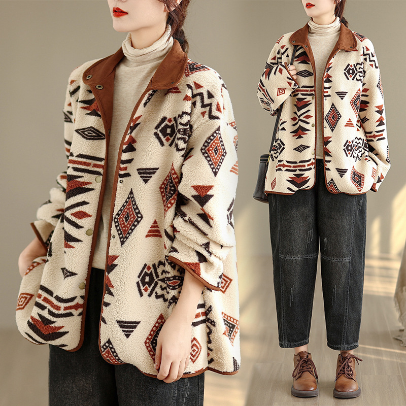 Autumn and Winter New Products 2025 Women's Export Casual Geometric Print Double-Sided Lamb Wool Jacket Teddy Velvet Warm Jacket