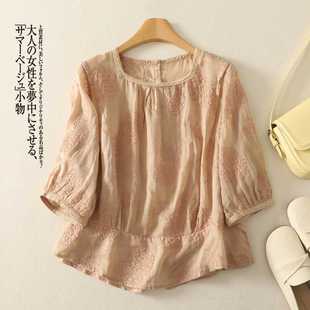 Real Shot of 2025 Artistic Fresh Square Collar Back Button Loose Shirt with Three-Quarter Sleeves and Heavy Embroidery Ramie Shirt