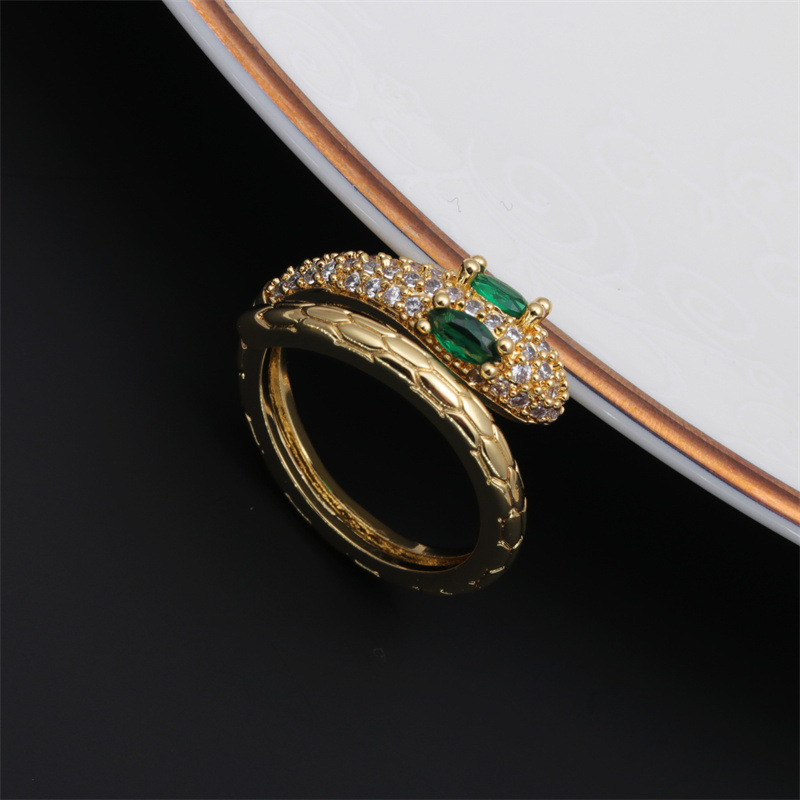 Fashion Colorful Oil Snake-shaped Open Green Zircon Copper Ring display picture 6