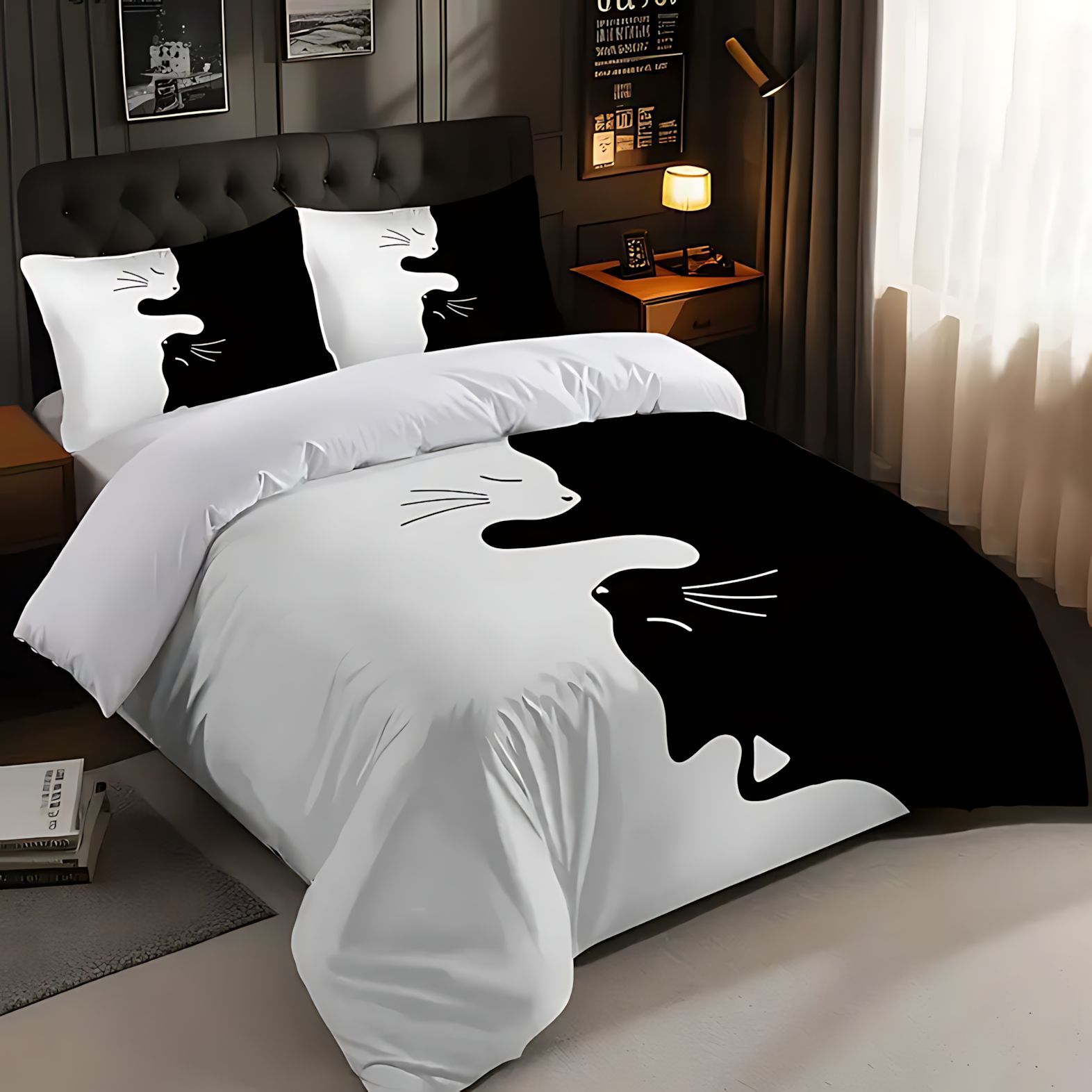 TEMU / JIT Kit de colcha blanca y negra gato doble impresión digital 3D fuente de ropa de cama fabricante puede fijarse