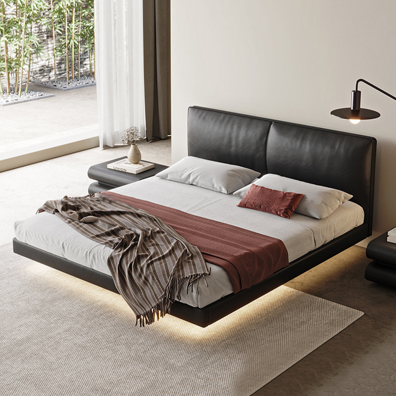 Cama de suspensión minimalista italiana, cama de madera sólida, cama de cuero delgada, cama principal, cama de cama negra moderna y simple, cama de cama lateral