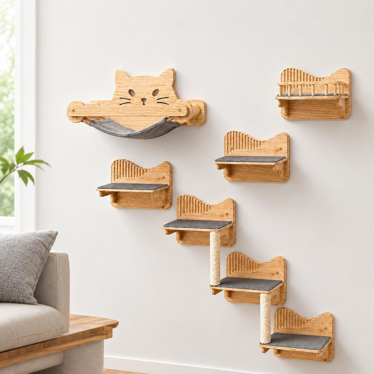 Cross-border solid wood wall-mounted cat climbing frame set, including a wall-mounted cat hammock, sisal scratching post, and a cat climbing platform for resting and jumping