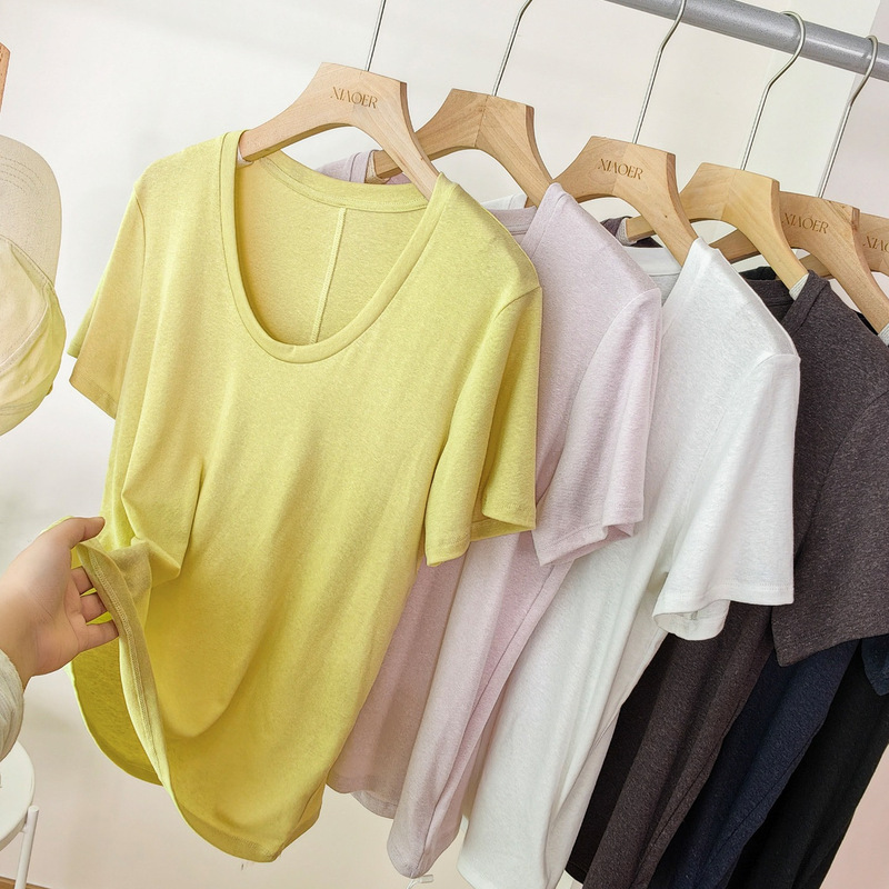 71.2% Lyocell 21.4% Linen/Elegant Gooseneck Collar/Back Seam Stitching Casual Short-Sleeved T-Shirt Top