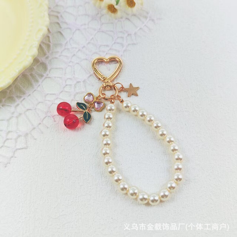 韩版ins珍珠蝴蝶结钥匙扣 少女樱桃树脂精致包包挂件汽车挂饰现货|undefined